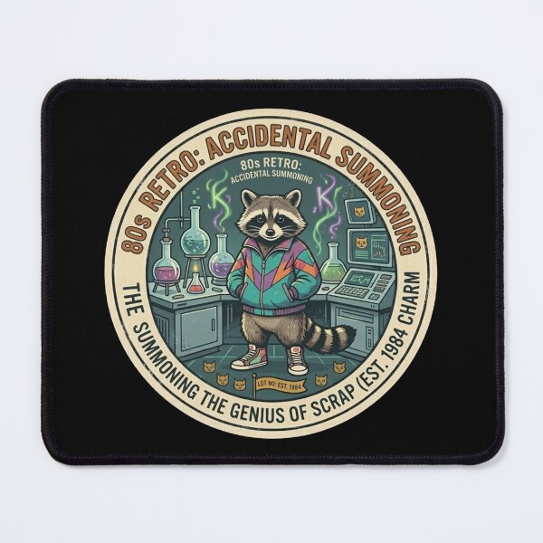 Item preview, The Genius of Scrap - Retro 80s Raccoon Alchemist designed and sold by K-Vibe Design Studio.