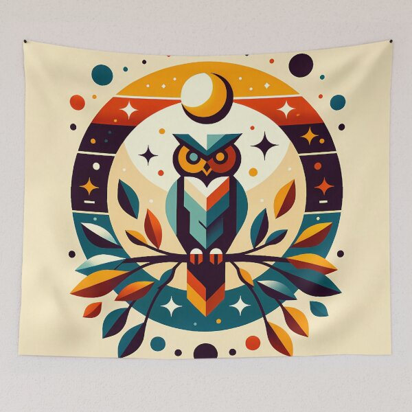 Item preview, Geometric Owl with Moon and Autumn Leaves designed and sold by InkSmithery.
