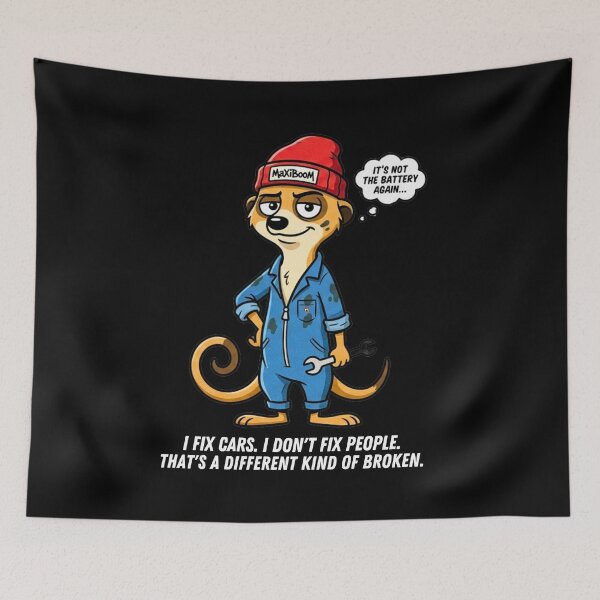 Item preview, MaxiBoOM Mechanic Meerkat - I Don't Fix People Retro Cartoon designed and sold by mAXiBoOM.