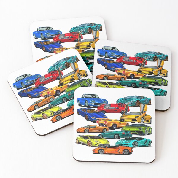 Item preview, Exclusive big collage drawing legendary italian cars blue 350 GT Coupe, red, yellow and blue Countach V12, yellow Murcielago V12, Diablo V12, Aventador V12, Centenario, Revuelto,  designed and sold by Cars23.