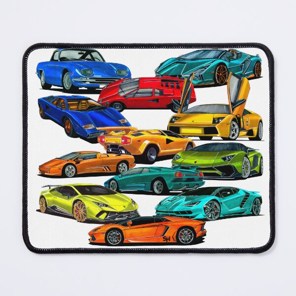 Item preview, Exclusive big collage drawing legendary italian cars blue 350 GT Coupe, red, yellow and blue Countach V12, yellow Murcielago V12, Diablo V12, Aventador V12, Centenario, Revuelto,  designed and sold by Cars23.