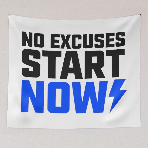 Item preview, Bold No Excuses Start Now Motivational Lightning Bolt Typography designed and sold by FunFitLife Studio.