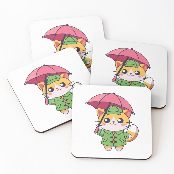 Item preview, Cute Ginger Cat in Green Raincoat with Pink Umbrella designed and sold by mjowsc.