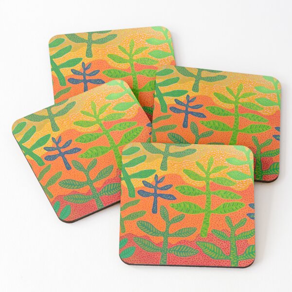 Item preview, Green and blue plants on Orange  designed and sold by Prajna Vajrayana Art.