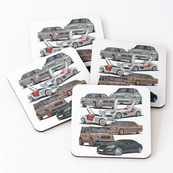 Item preview, Exclusive big collage drawing legendary cars MB 500 W126 SEC Coupe V8, MB E500 W124 V8, MB SLR Stirling Moss speedster Z199, MB SLR R199, MB 560 SEL W126 V8, SUV MB G-Wagen W463, MB S65 W221 V12 designed and sold by Cars23.