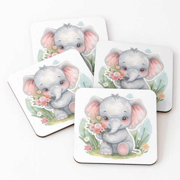 Item preview, Cute baby elephant clutching a bunch of flowers - Pastel watercolors designed and sold by DigitfanStudio.