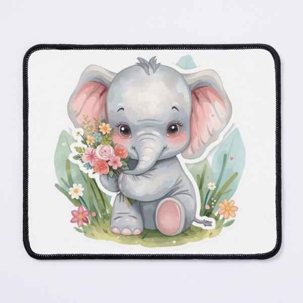Item preview, Cute baby elephant clutching a bunch of flowers - Pastel watercolors designed and sold by DigitfanStudio.