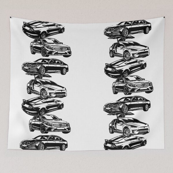 Item preview, Exclusive big collage drawing legendary cars 760Li F02, EV Model X, Mustang GT350 V8, MB W205 designed and sold by Cars23.