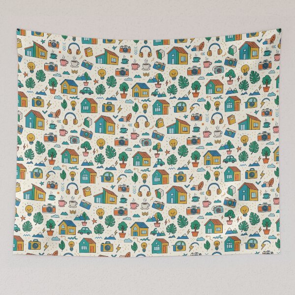 Item preview, Retro Cozy Lifestyle Doodle Pattern Camera House designed and sold by novadawy.