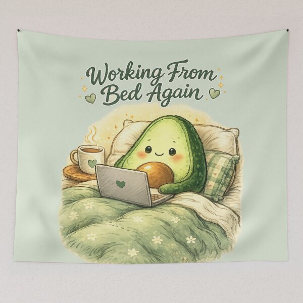 Item preview, Cute Avocado Working From Bed Again | Kawaii Cozy Work From Home Illustration designed and sold by PopCulturePixel.