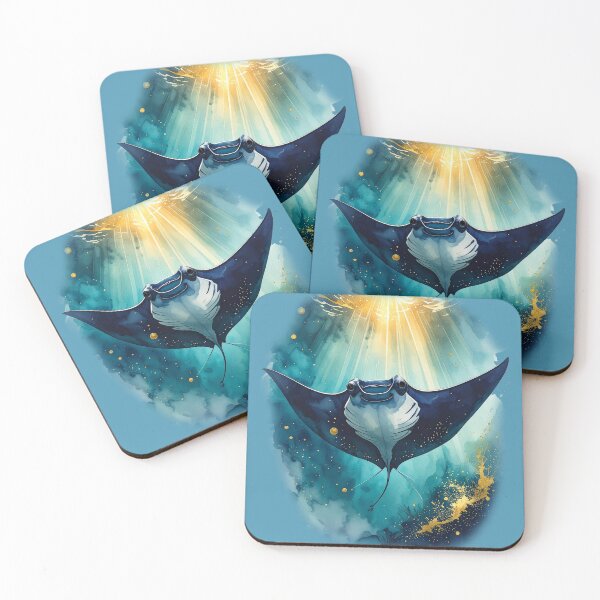 Item preview, Majestic watercolor manta ray ocean sunlight dramatic marine art print designed and sold by icemanphotos.