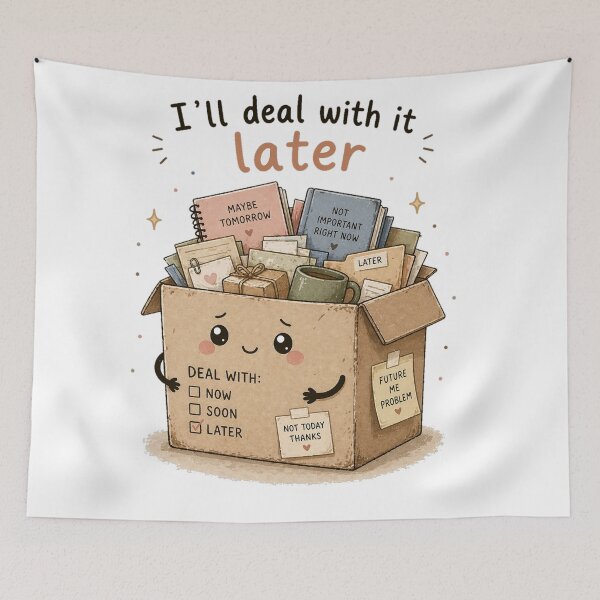 Item preview, I’ll Deal With It Later – Procrastination Humor Cute Box Design designed and sold by InkWanderStudio.