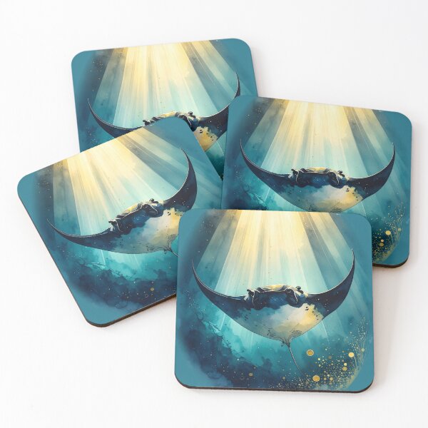 Item preview, Majestic watercolor manta ray ocean sunlight dramatic marine art print designed and sold by icemanphotos.
