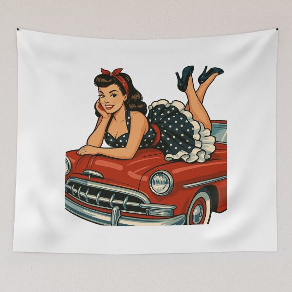 Item preview, Rockabilly pin-up on a vintage car in retro style designed and sold by Pineapple-Tree.