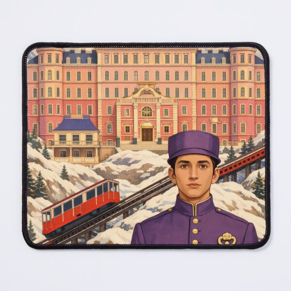 Item preview, Pink Hotel Bellboy Purple Uniform Snowy Mountain Poster designed and sold by Cine8.
