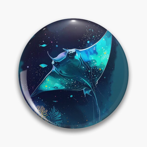 Item preview, Bioluminescent watercolor manta ray midnight ocean teal glow marine art print designed and sold by icemanphotos.