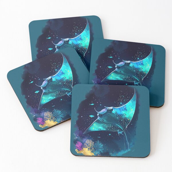 Item preview, Bioluminescent watercolor manta ray midnight ocean teal glow marine art print designed and sold by icemanphotos.