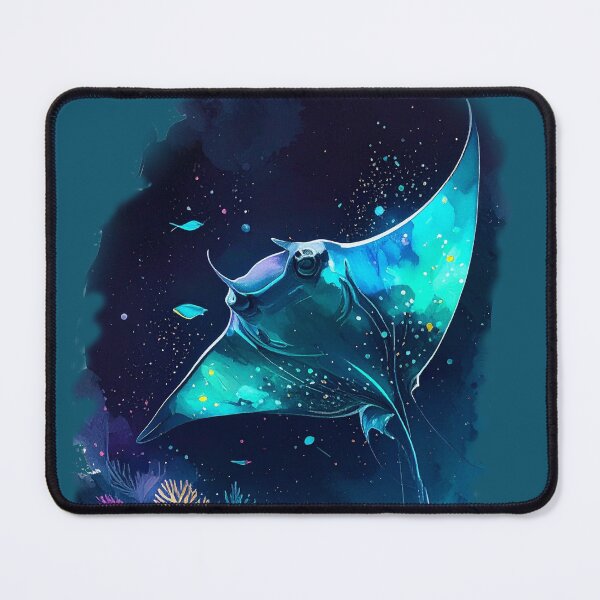 Item preview, Bioluminescent watercolor manta ray midnight ocean teal glow marine art print designed and sold by icemanphotos.