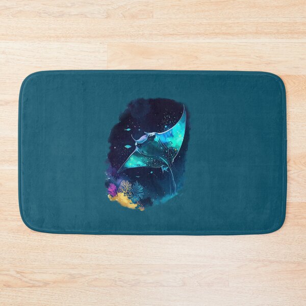 Item preview, Bioluminescent watercolor manta ray midnight ocean teal glow marine art print designed and sold by icemanphotos.