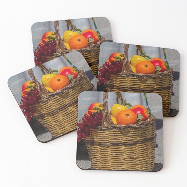 Item preview, Wicker Fruit Basket With Oranges, Apples and Grapes On Stone Pavement Outdoors designed and sold by Nmallia.