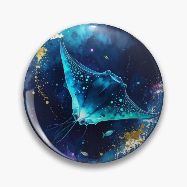 Item preview, Dynamic bioluminescent watercolor manta ray electric ocean midnight art print designed and sold by icemanphotos.