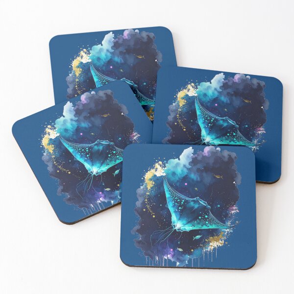 Item preview, Dynamic bioluminescent watercolor manta ray electric ocean midnight art print designed and sold by icemanphotos.