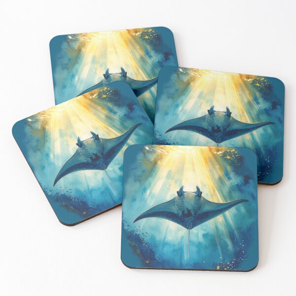Item preview, Heavenly watercolor manta ray sunlight ocean below perspective marine art print designed and sold by icemanphotos.
