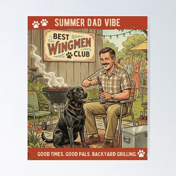 Item preview, Summer Dad Vibe Vintage BBQ Poster - Retro Grilling Man with Black Lab designed and sold by CulturalCurios.