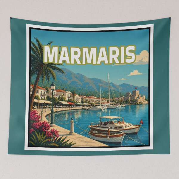 Item preview, Marmaris Turkey vintage travel poster Mediterranean beach sunset art designed and sold by PixelParinda.
