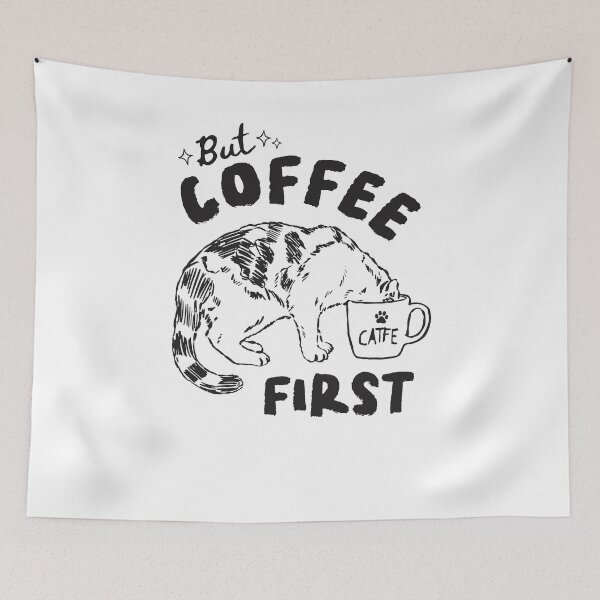 Item preview, But Coffee First Funny Cat Drinking From Mug designed and sold by krystalRomanart.