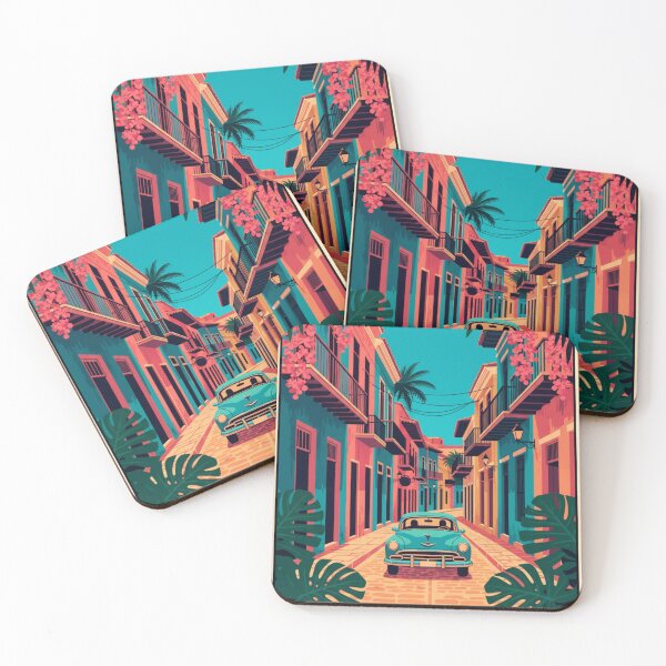 Item preview, Retro Caribbean Street with Classic Car and Palm Trees designed and sold by HeyHas.