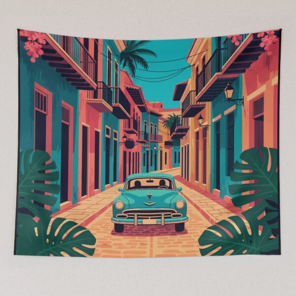 Item preview, Retro Caribbean Street with Classic Car and Palm Trees designed and sold by HeyHas.