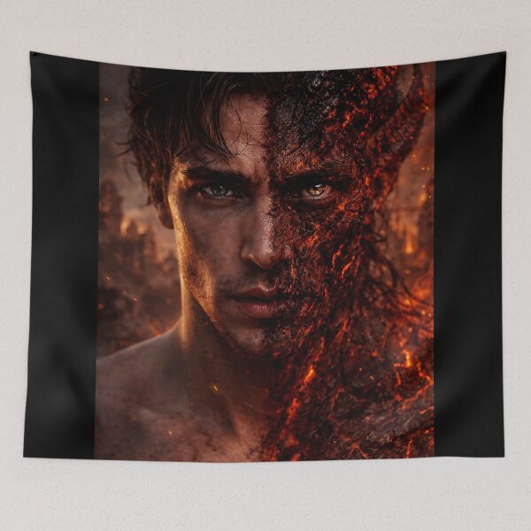 Item preview, Half Demon Fire Portrait, Dark Fantasy Lava Man, Infernal Face Split, Cinematic Realistic Art, Hell Transformation designed and sold by thor81pl.