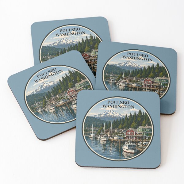 Item preview, Poulsbo Washington Marina Illustration | Nordic Harbor Town Olympic Mountains Travel Art designed and sold by SimplyJasper.