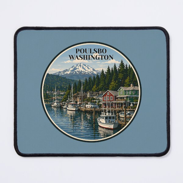 Item preview, Poulsbo Washington Marina Illustration | Nordic Harbor Town Olympic Mountains Travel Art designed and sold by SimplyJasper.