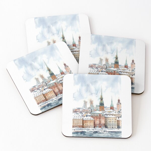 Item preview, Winter Stockholm Snow Cityscape Watercolor designed and sold by caracatita75.