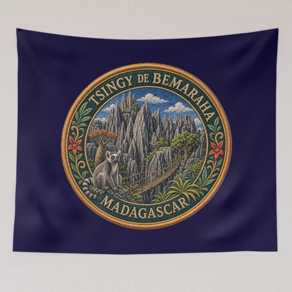 Item preview, Tsingy de Bemaraha, Madagascar – rocky pinnacles, lemur & baobab designed and sold by Girih.