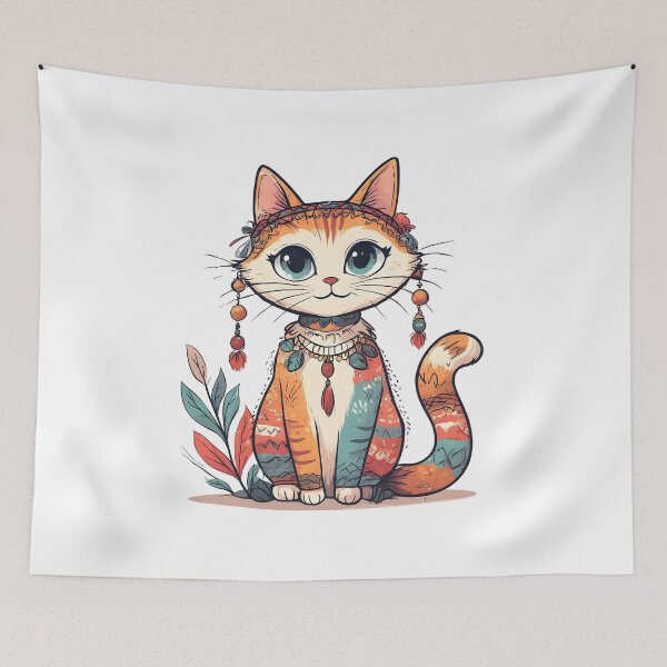 Item preview, Boho Cat Illustration – Cute Tribal Style Kitty with Floral Accessories designed and sold by Karolina’s Cozy Creations.