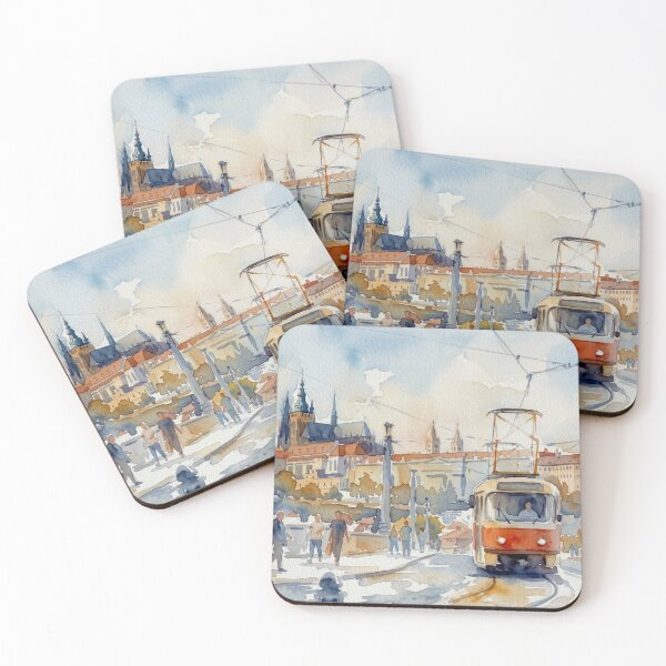 Item preview, Prague Vintage Red Tram Urban Watercolor designed and sold by caracatita75.