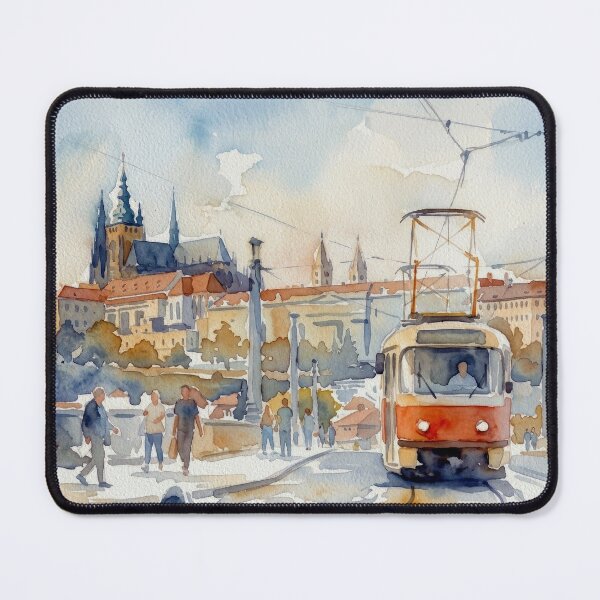 Item preview, Prague Vintage Red Tram Urban Watercolor designed and sold by caracatita75.