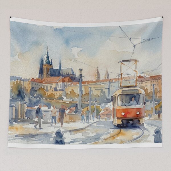 Item preview, Prague Vintage Red Tram Urban Watercolor designed and sold by caracatita75.