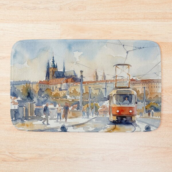 Item preview, Prague Vintage Red Tram Urban Watercolor designed and sold by caracatita75.