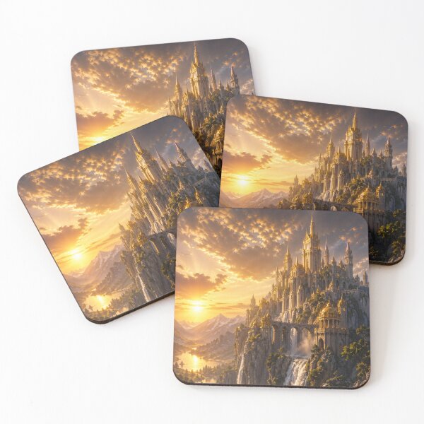 Item preview, Golden Fantasy Castle Above Waterfalls | Epic Kingdom Landscape Art designed and sold by DrakariArt.