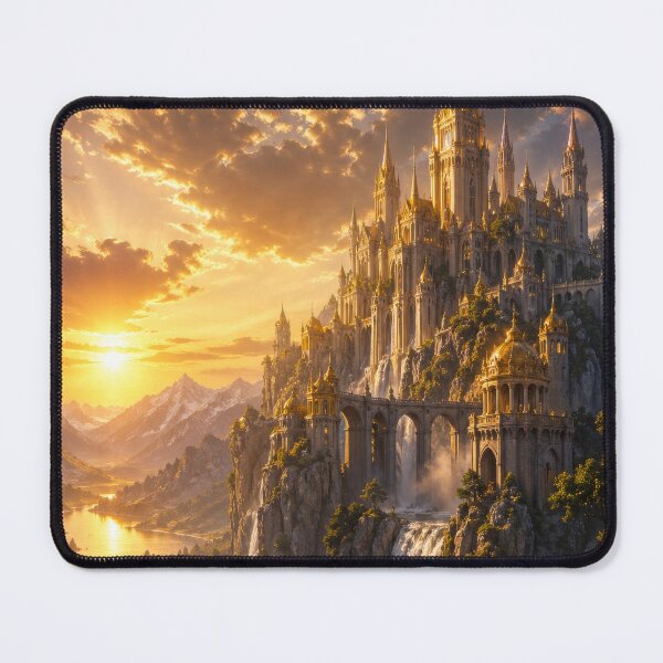 Item preview, Golden Fantasy Castle Above Waterfalls | Epic Kingdom Landscape Art designed and sold by DrakariArt.