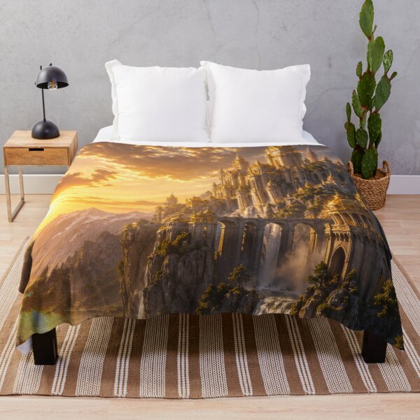 Item preview, Golden Fantasy Castle Above Waterfalls | Epic Kingdom Landscape Art designed and sold by DrakariArt.