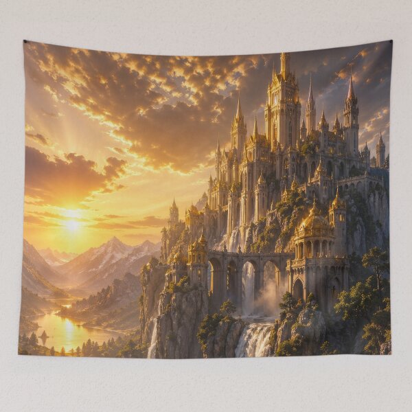 Item preview, Golden Fantasy Castle Above Waterfalls | Epic Kingdom Landscape Art designed and sold by DrakariArt.