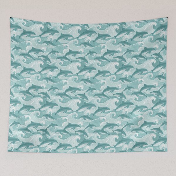 Item preview, Vintage Dolphin Wave Pattern | Teal Ocean Surf Illustration | Coastal Teal Marine Life | Leaping Dolphins Sea Pattern | Mid-Century Modern Coastal Art | Surf Culture Wave Aesthetic designed and sold by VivaFy.