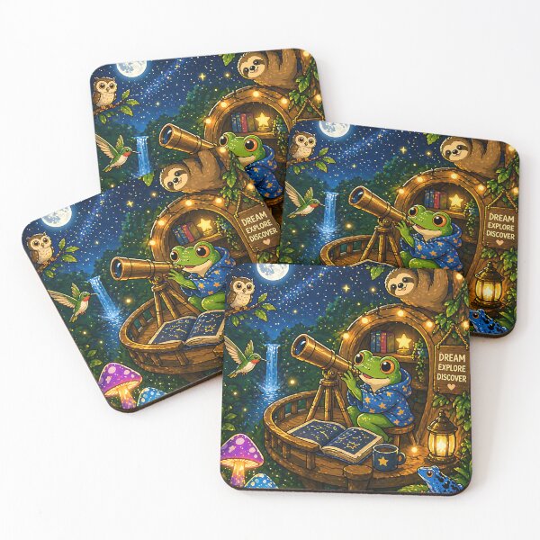 Item preview, Cute Frog Stargazing Treehouse Cartoon Night Sky Sloth Rainforest Fantasy Kawaii Astronomy T-Shirt Sticker designed and sold by Digital Culture Studio.