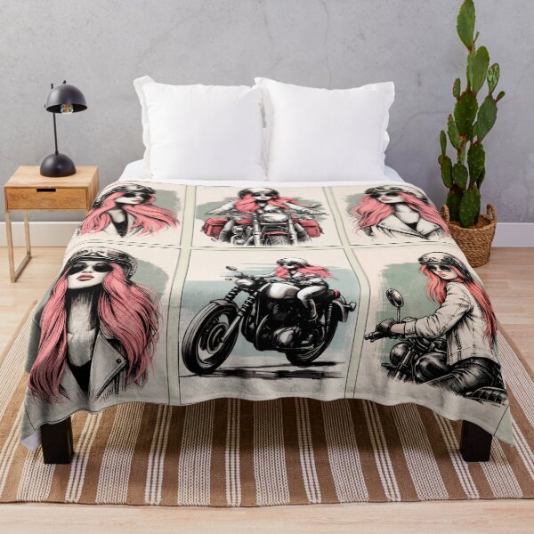 Item preview, Vintage Biker Girl Illustration – Retro Chic Motorcycle Woman with Pink Hair in Grid designed and sold by EdGraphy.