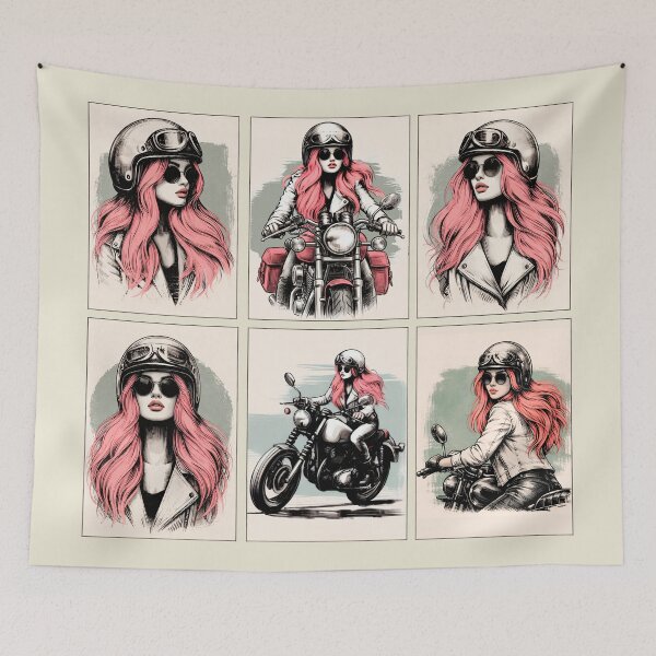 Item preview, Vintage Biker Girl Illustration – Retro Chic Motorcycle Woman with Pink Hair in Grid designed and sold by EdGraphy.